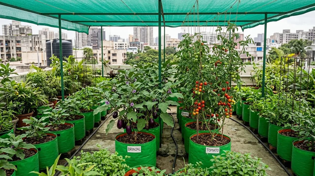 A flourishing rooftop terrace garden in an Indian city with green grow bags of brinjal and tomatoes beneath a green shade net structure.
