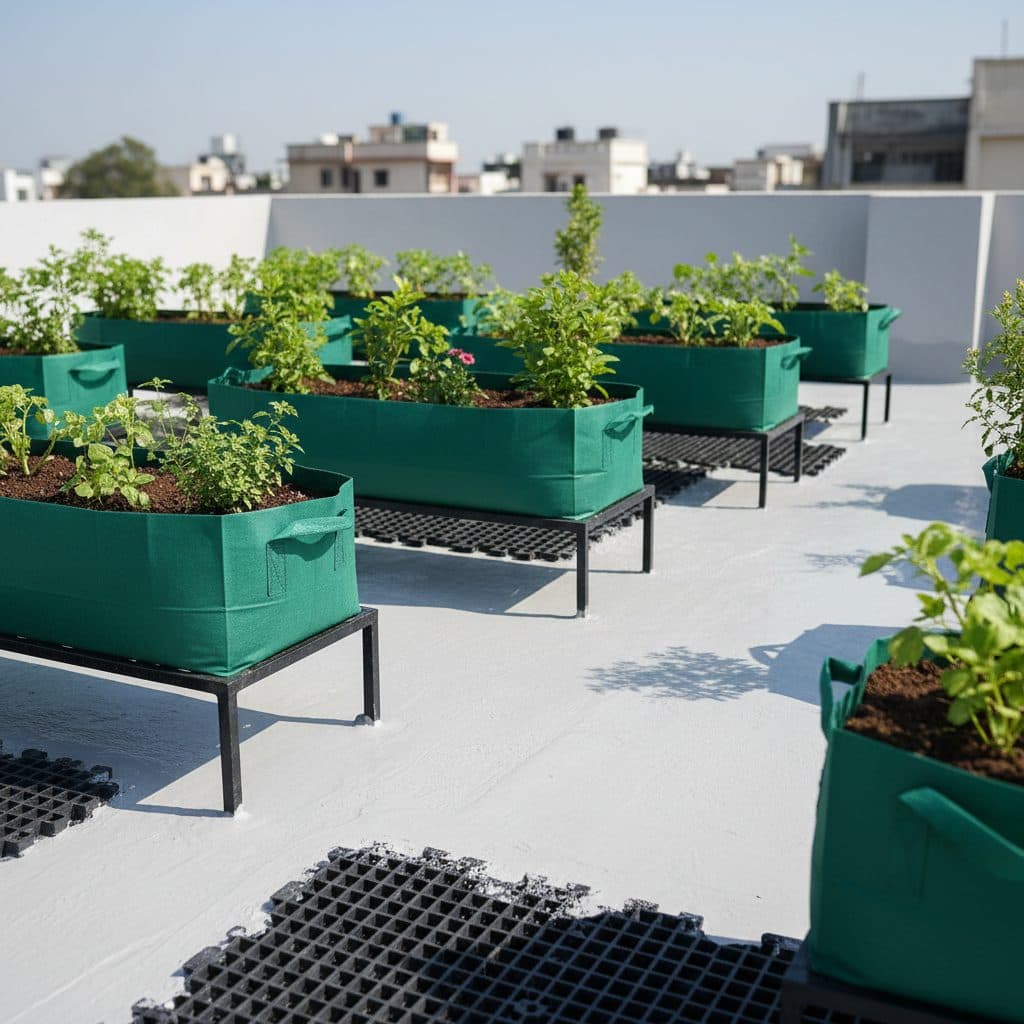 A clean Indian terrace roof showing elastomeric waterproofing coating, interlocking black drain cells, and elevated green grow bags on stands.