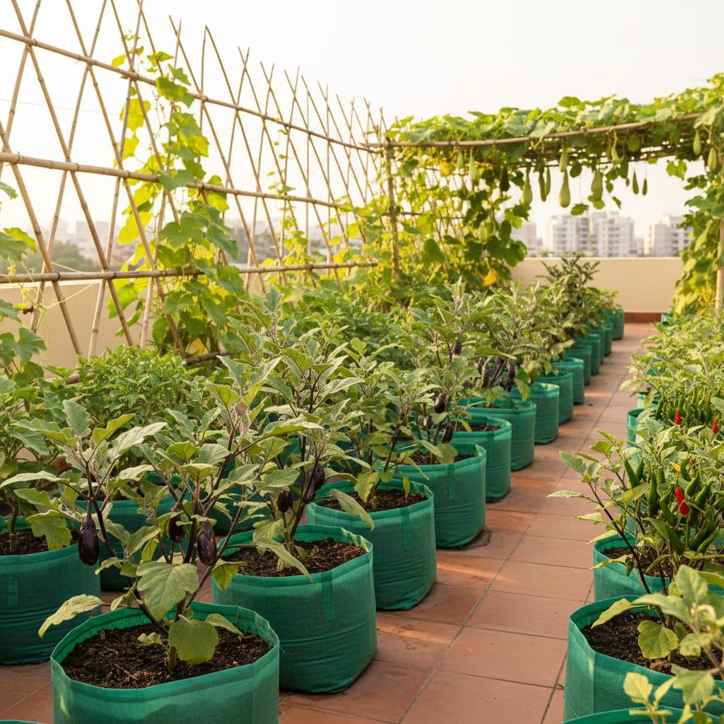 A flourishing Indian rooftop terrace vegetable garden filled with green grow bags, climbing gourds on bamboo trellises, and healthy brinjal and chilli plants.