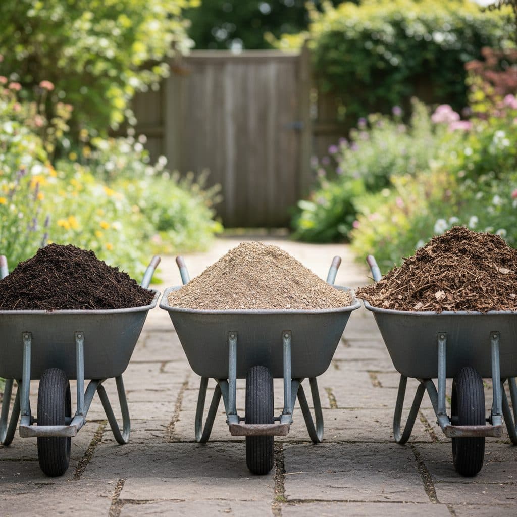 A side-by-side comparison of rich dark garden soil, screened mineral topsoil, and coarse organic compost in garden wheelbarrows.