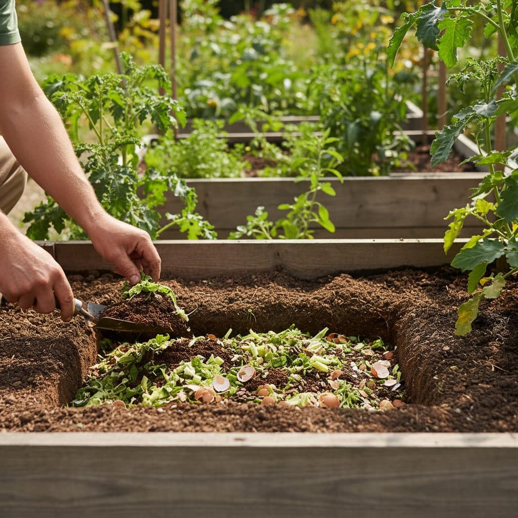 A gardener digging a clean 30 cm deep trench in a raised garden bed and layering chopped kitchen scraps beneath native soil.