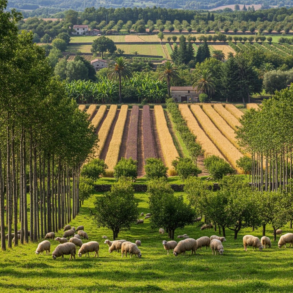 A diverse global agroforestry landscape showing structured rows of timber trees, grazing sheep in silvopasture, and alley-cropped grains.
