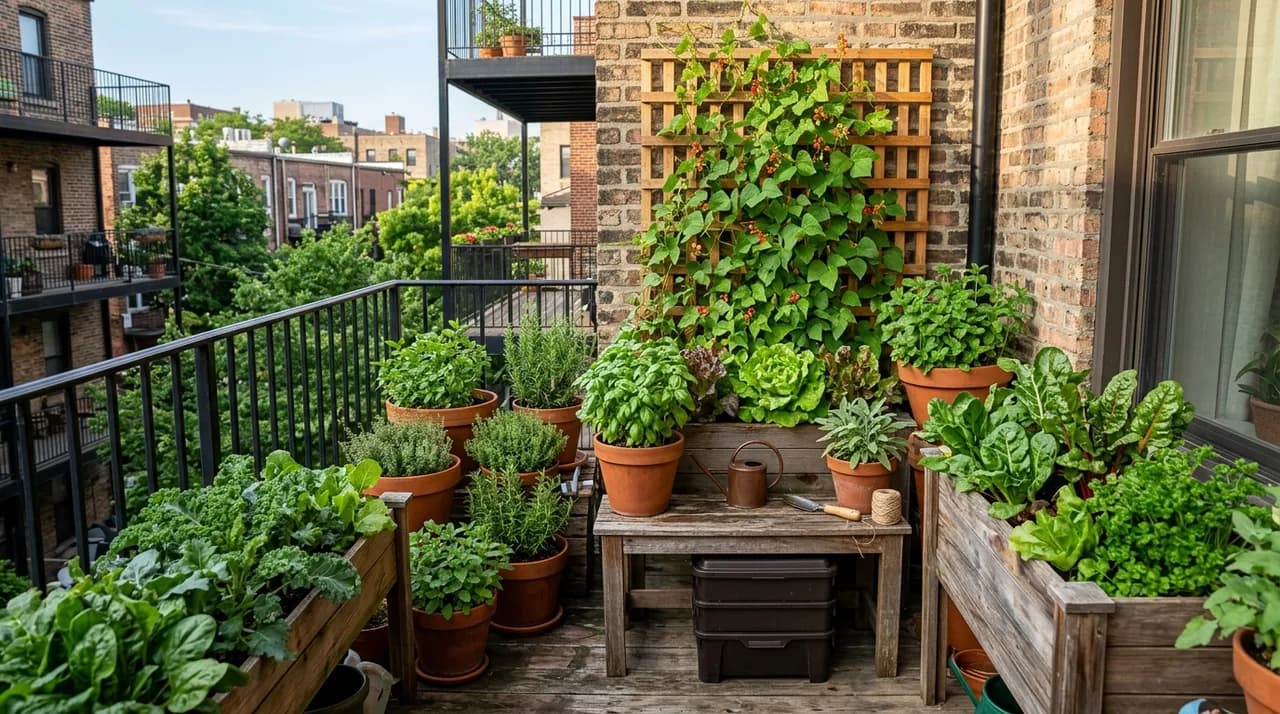 An urban apartment balcony garden filled with potted herbs, wooden planter boxes growing leafy greens, a trellis supporting climbing beans, and a small worm bin tucked under a bench.