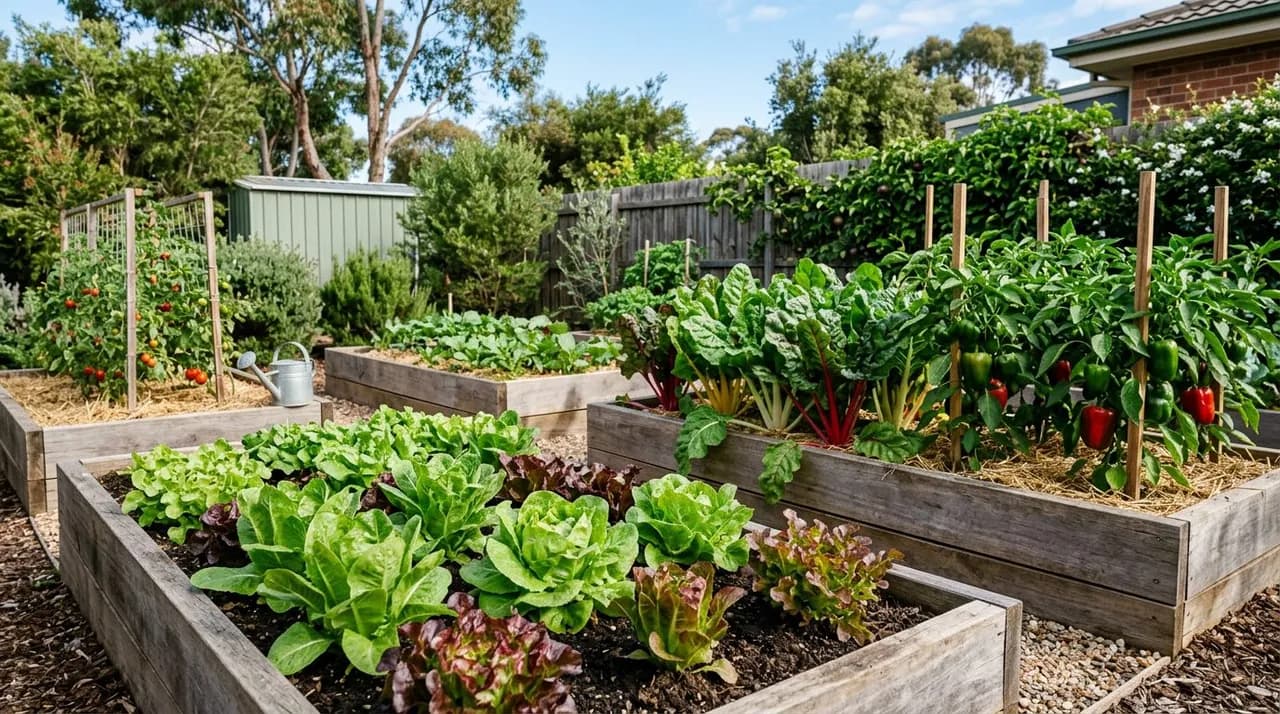 A tidy Australian backyard veggie patch featuring raised timber garden beds filled with thriving silverbeet, capsicums, and lettuces under clear blue skies.
