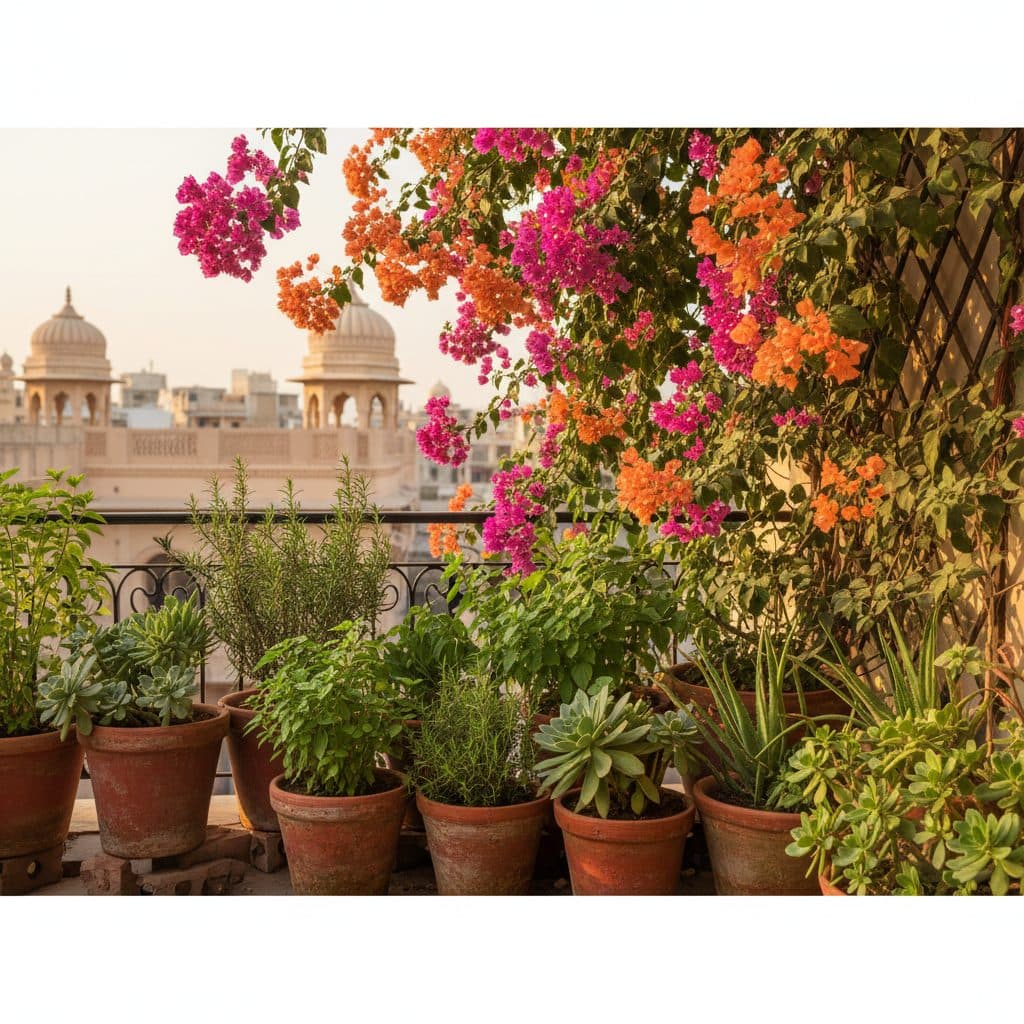 A vibrant Indian west-facing balcony garden with blooming bougainvillea, heat-tolerant herbs, and succulents thriving in terracotta pots under afternoon sun.