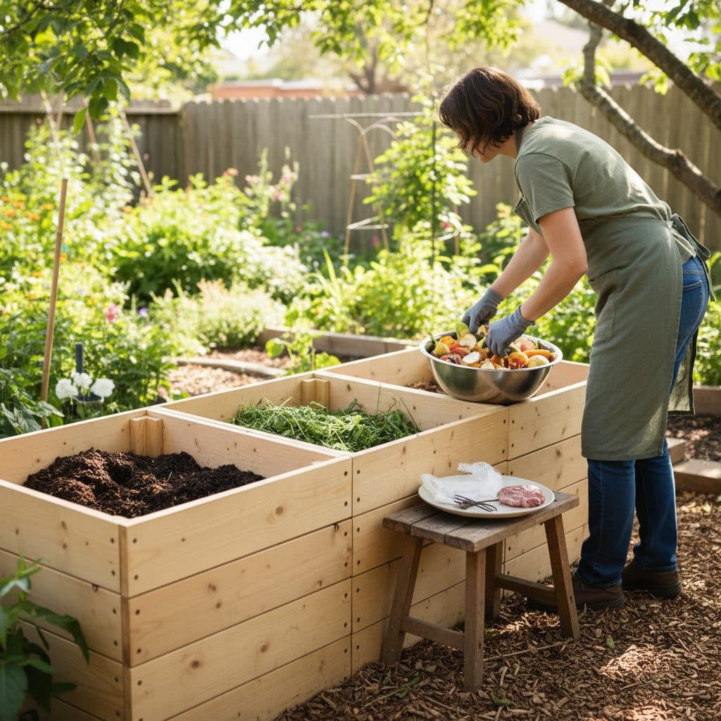 A clean wooden three-bin backyard composting system with a gardener sorting kitchen scraps, separating acceptable organic matter from non-compostable waste.