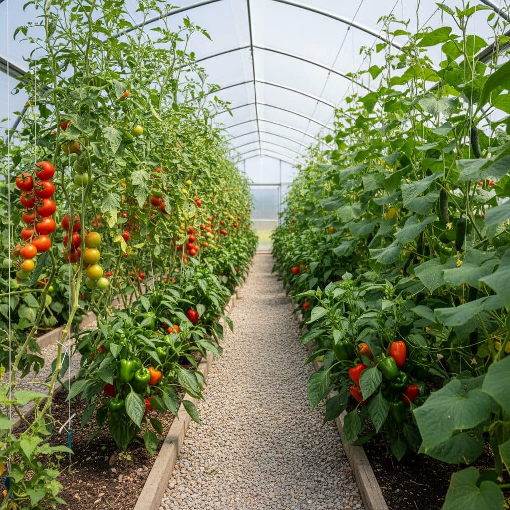 Inside a lush UK polytunnel with tall cordon tomatoes, sweet peppers, cucumber vines, and tidy gravel pathways in summer.