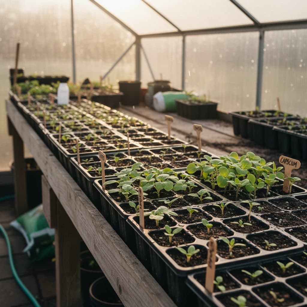 Seedling trays with germinating tomato and capsicum seeds on a sunny Australian greenhouse bench during late winter.