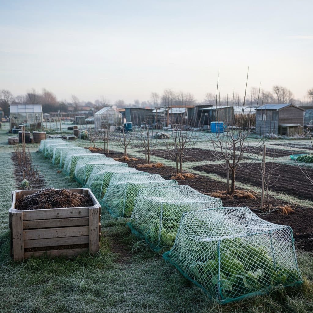 A quiet British allotment in December with frost-dusted brassica netting, a tidy compost heap, and newly planted bare-root fruit trees.