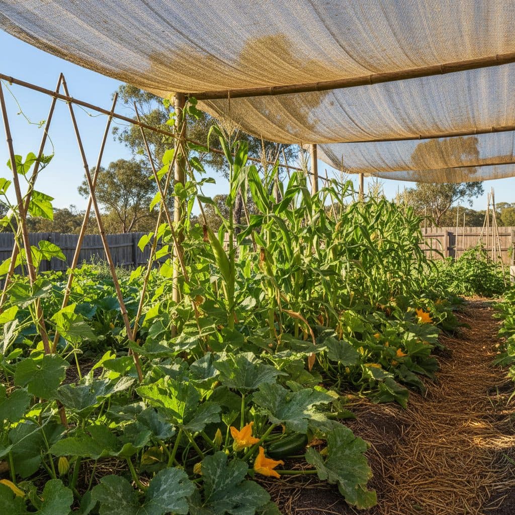 A thriving Australian summer veggie patch shaded by woven shade cloth with healthy rows of sweetcorn, climbing beans, and zucchini.