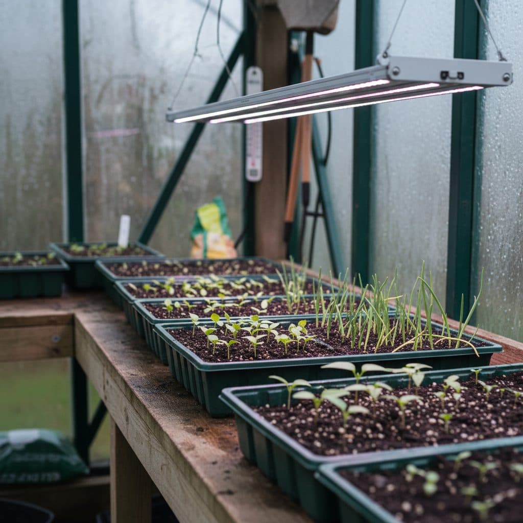 Seedling trays with early emerging chilli and onion sprouts under a grow light on a greenhouse staging bench during a crisp British January morning.