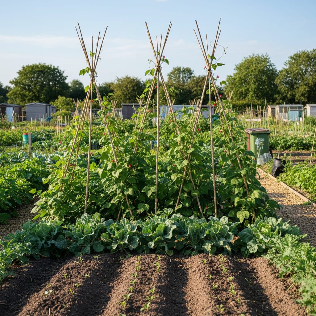A lush British allotment plot in June filled with climbing runner bean canes, young brassicas, and neatly hoed vegetable rows under summer sunshine.