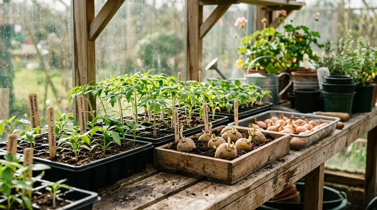 Seedling modules of tomatoes and chillies on a sunny UK greenhouse staging bench beside chitted seed potatoes and shallot sets ready for March planting.
