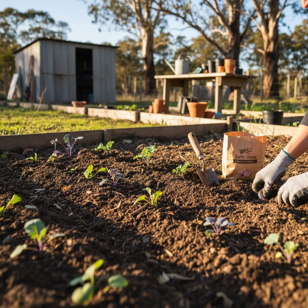 An Australian gardener planting garlic cloves and winter vegetable seedlings into rich organic garden soil in a sunny late autumn veggie patch.