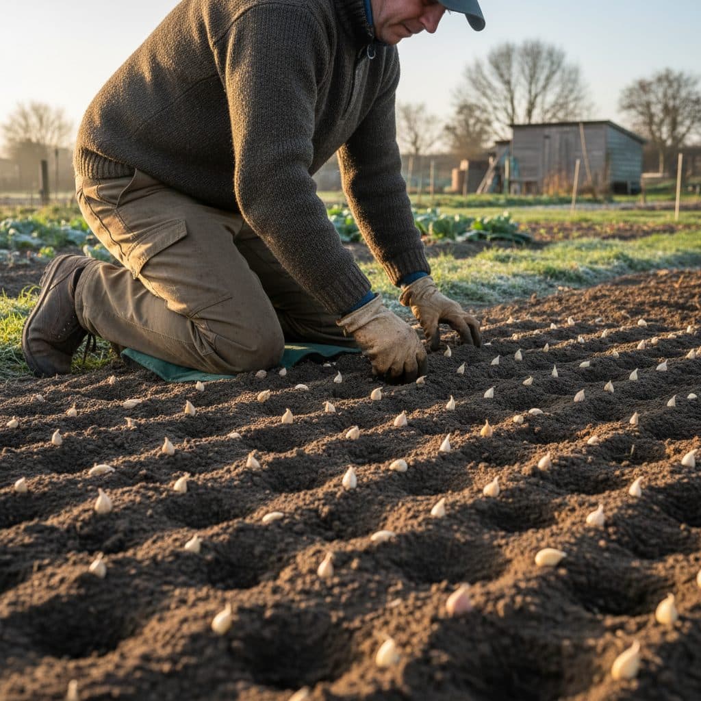 A UK allotment gardener planting individual garlic cloves into neatly raked, weed-free autumn soil on a crisp October morning.