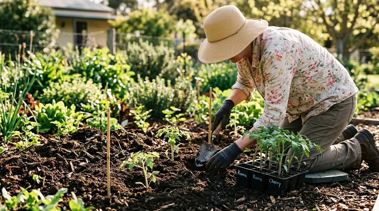 An Australian home gardener transplanting healthy young tomato seedlings into freshly composted spring garden beds under warm September sunshine.