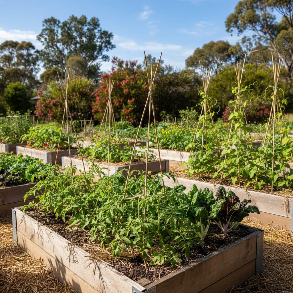 A vibrant Australian backyard veggie patch in spring with raised timber beds bursting with young tomato plants, climbing beans, and silverbeet.