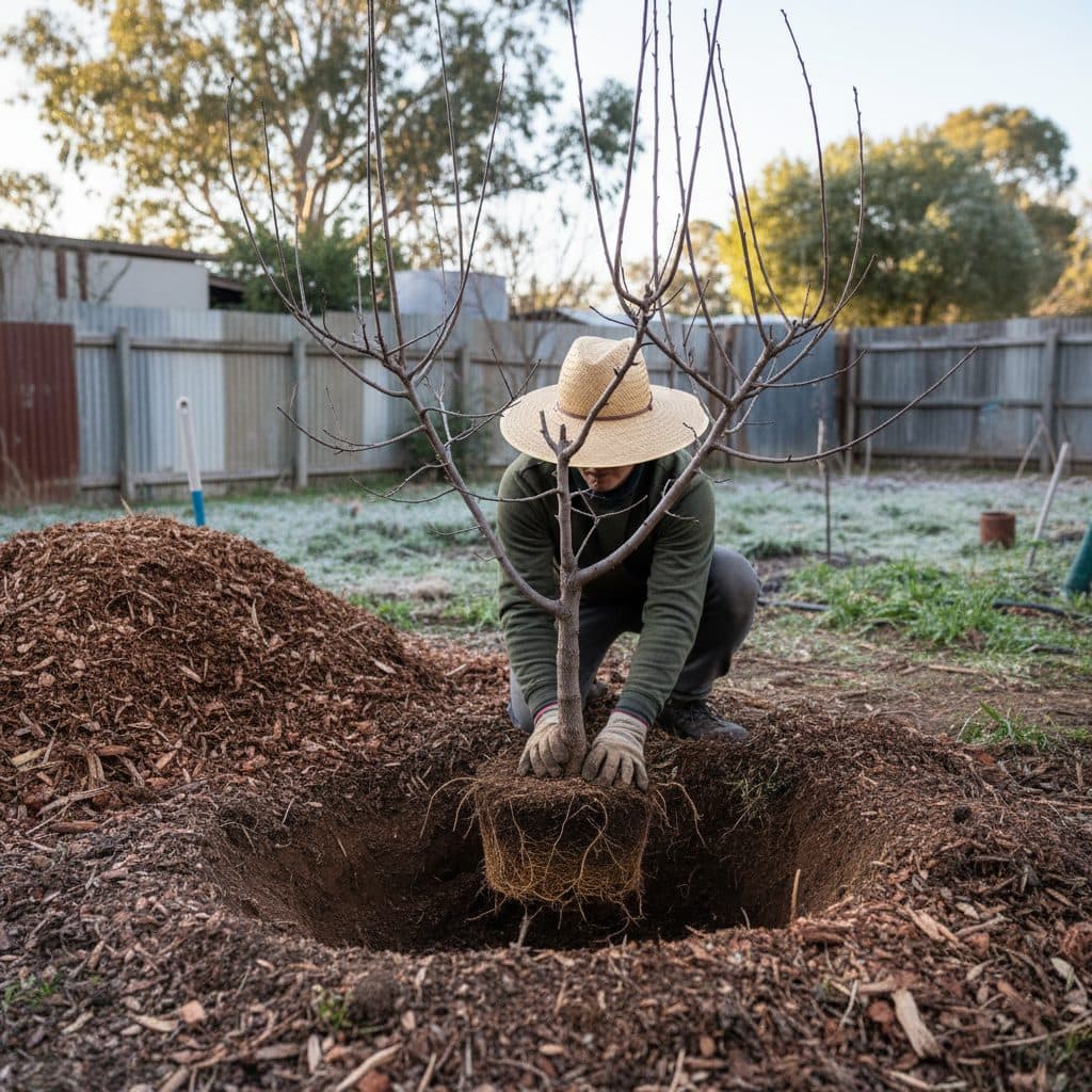 A gardener planting a dormant bare-root stone fruit tree in an Australian backyard garden during mid-winter with rich soil and woodchip mulch.