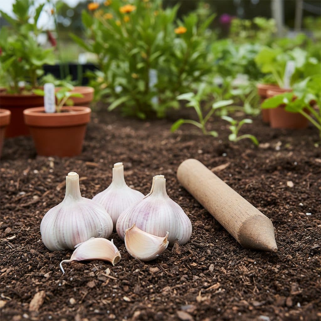 Freshly separated garlic cloves resting on rich, dark garden soil beside a wooden planting dibber in an Australian home vegetable patch.