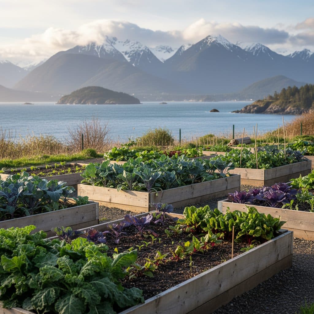 A lush British Columbia raised bed vegetable garden overlooking coastal mountains, with healthy brassicas and leafy greens in early spring.