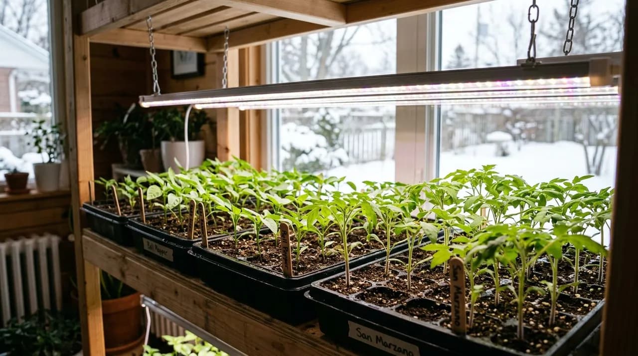 Vibrant tomato and pepper seedlings growing under full-spectrum LED grow lights on an indoor seedling shelf in a Canadian home during late winter.