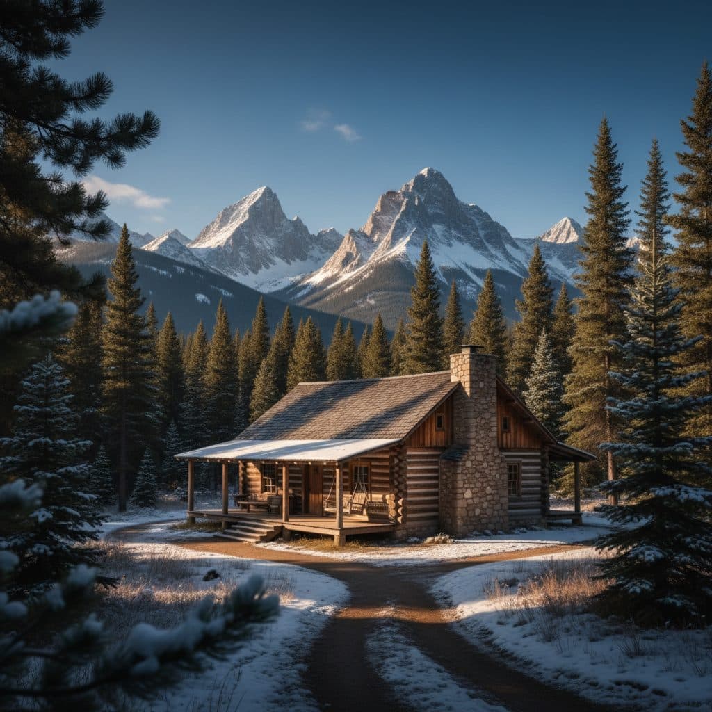 A sturdy hand-built timber homestead cabin surrounded by dense pine forest and mountain peaks under a clear northern sky.