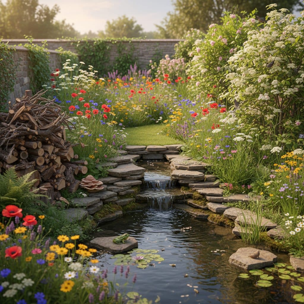 A vibrant UK wildlife-friendly garden featuring a natural stepped pond, native wildflower border, decaying log pile, and flowering mixed hedge.