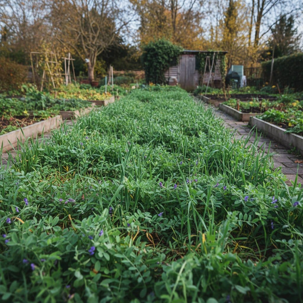 A lush green cover crop of grazing rye and winter tares growing across vegetable beds in a British garden during late autumn.