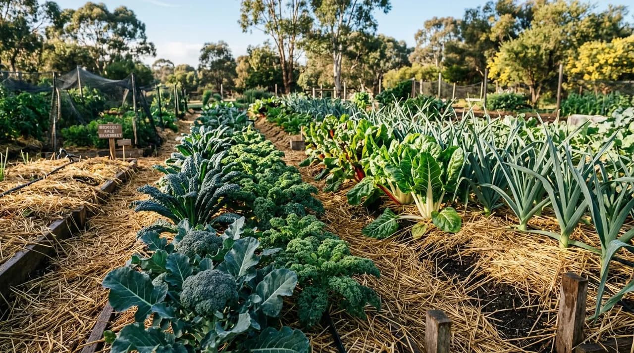 A lush Australian winter veggie patch featuring rows of healthy broccoli, kale, silverbeet, and leeks mulched with clean straw under crisp morning sunlight.