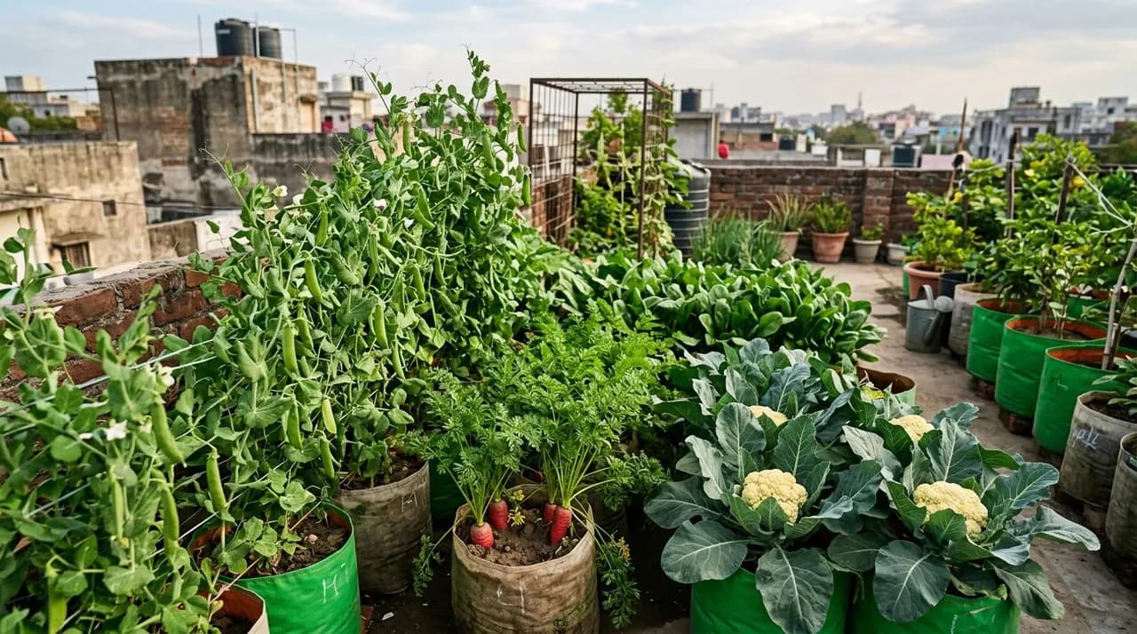 An Indian rooftop kitchen garden during the rabi season filled with thriving green peas, red carrots, cauliflowers, and palak in terrace grow bags.