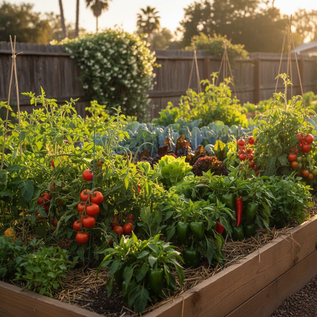 A lush, sun-drenched Zone 10 raised bed garden producing tomatoes, peppers, and leafy greens during the mild winter growing season.