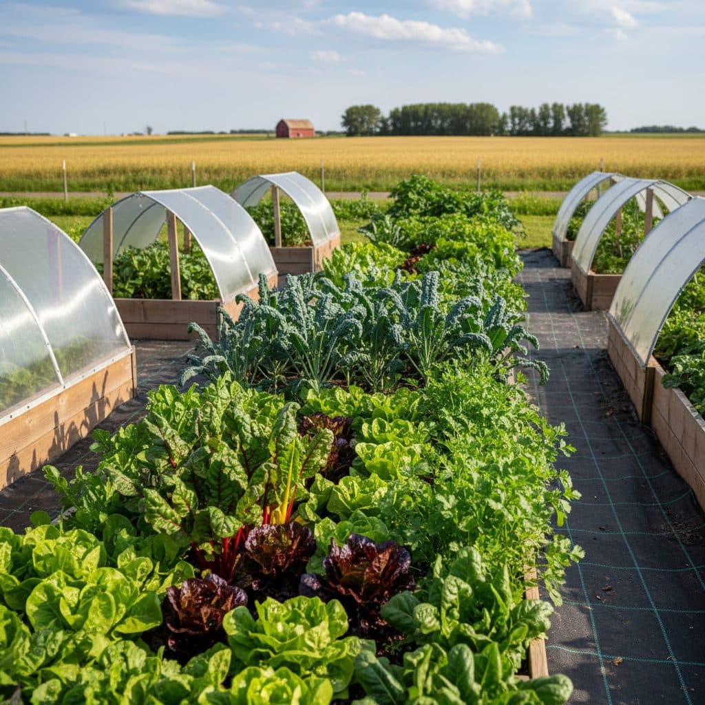 A productive Canadian Prairie raised bed vegetable garden in early summer framed by cold frames and dark thermal mulch with lush cold-hardy greens.