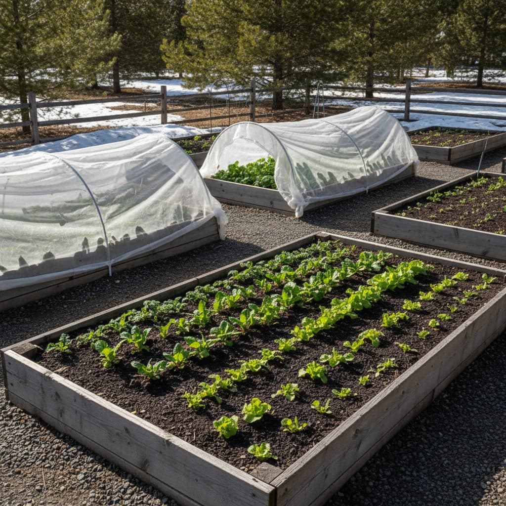 A cold-climate Zone 4 raised bed vegetable garden in late spring with vibrant green seedlings growing alongside low tunnel season extenders.