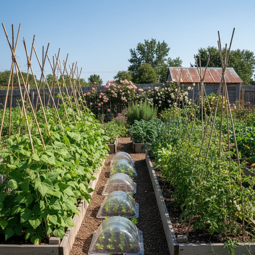 A lush Zone 5 vegetable garden in early summer featuring raised beds of green beans, staked tomatoes, and kale with seedlings growing under clear skies.