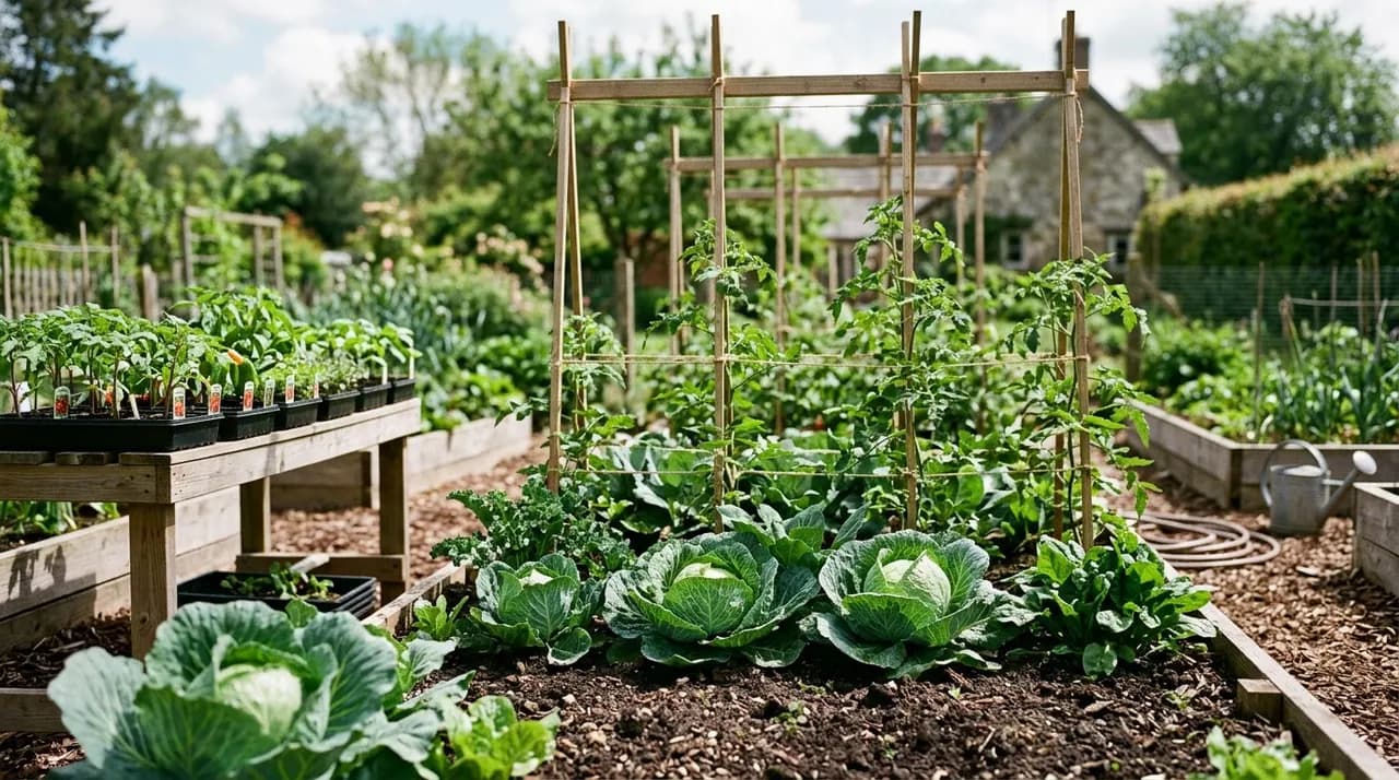 A lush Zone 6 kitchen vegetable garden in late spring with seedling trays, cabbage heads, and tomato trellises.
