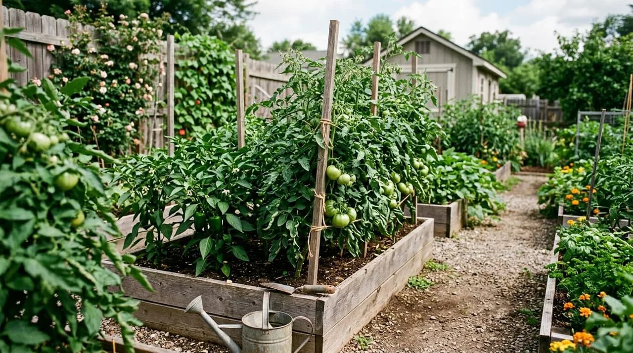 A productive Zone 7 vegetable garden featuring healthy heirloom tomatoes, sweet peppers, and raised beds in early summer.