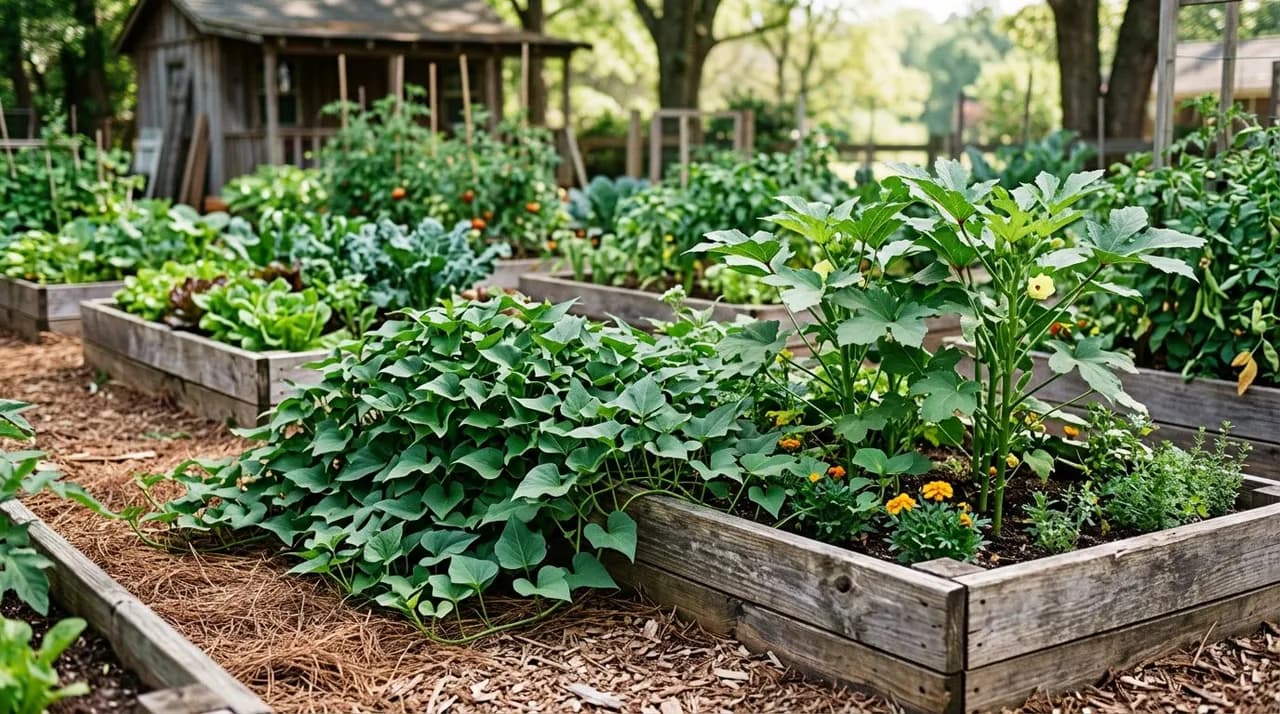 A productive Zone 8 vegetable garden in spring with lush sweet potato vines, okra plants, and raised garden beds.