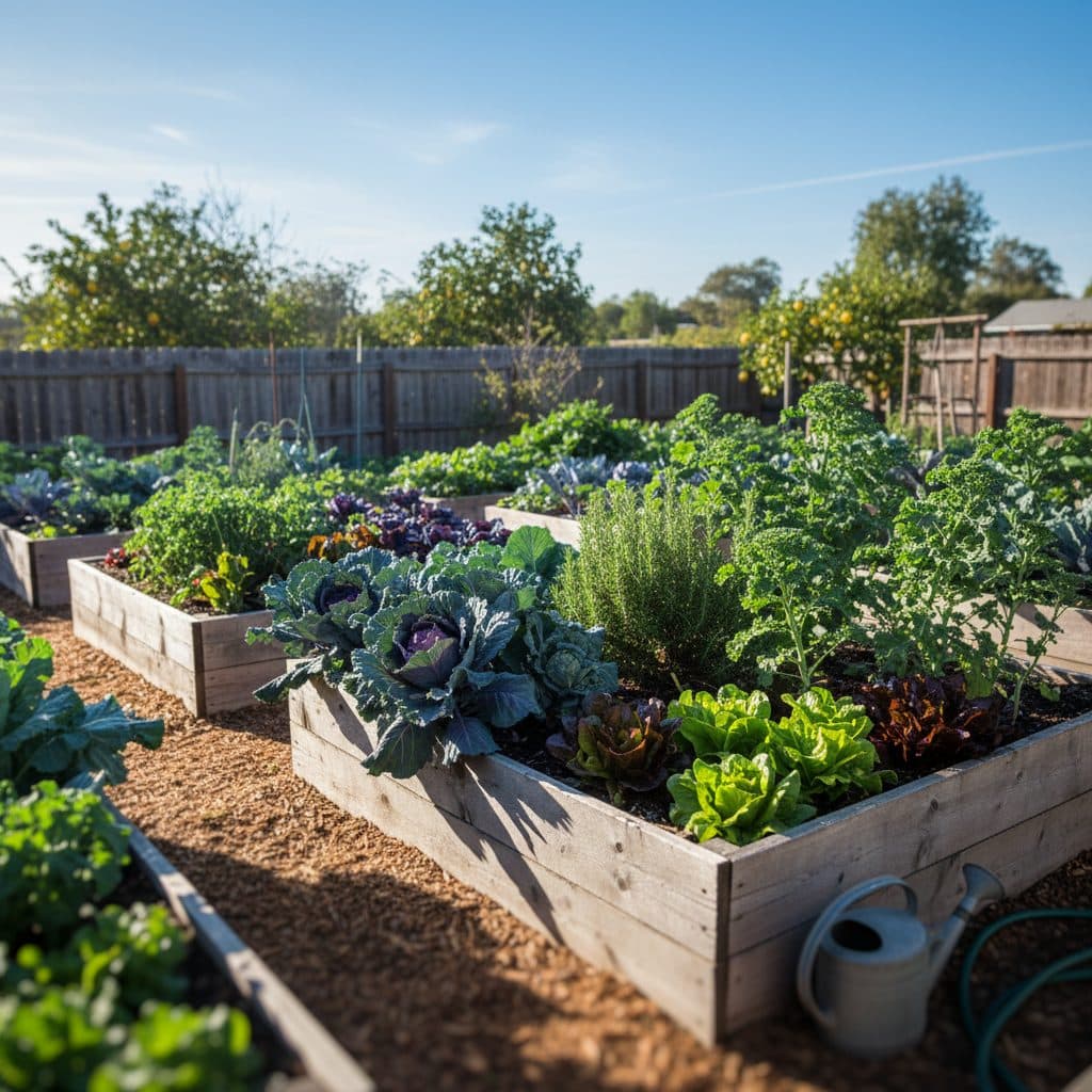 A productive Zone 9 vegetable garden in Florida or Southern California with lush winter brassicas and raised garden beds under bright sunshine.