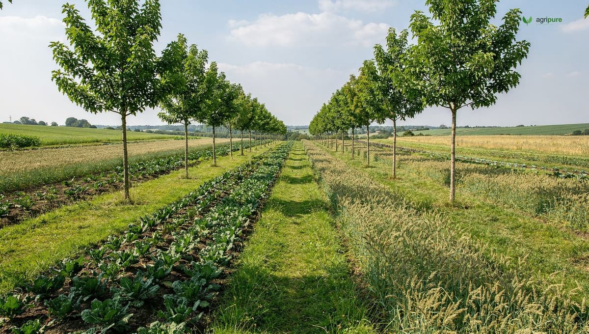 Rows of vegetables growing in wide grassy alleys between young tree lines on a farm, alley cropping in summer
