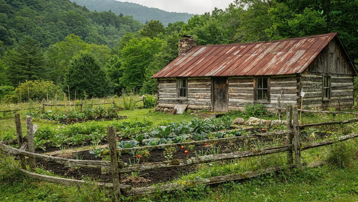 A weathered log cabin homestead in a green Appalachian hollow with a vegetable garden and split-rail fence
