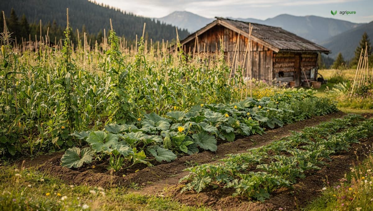 A traditional mountain kitchen garden with rows of corn, climbing beans, squash, and potatoes beside a wooden cabin