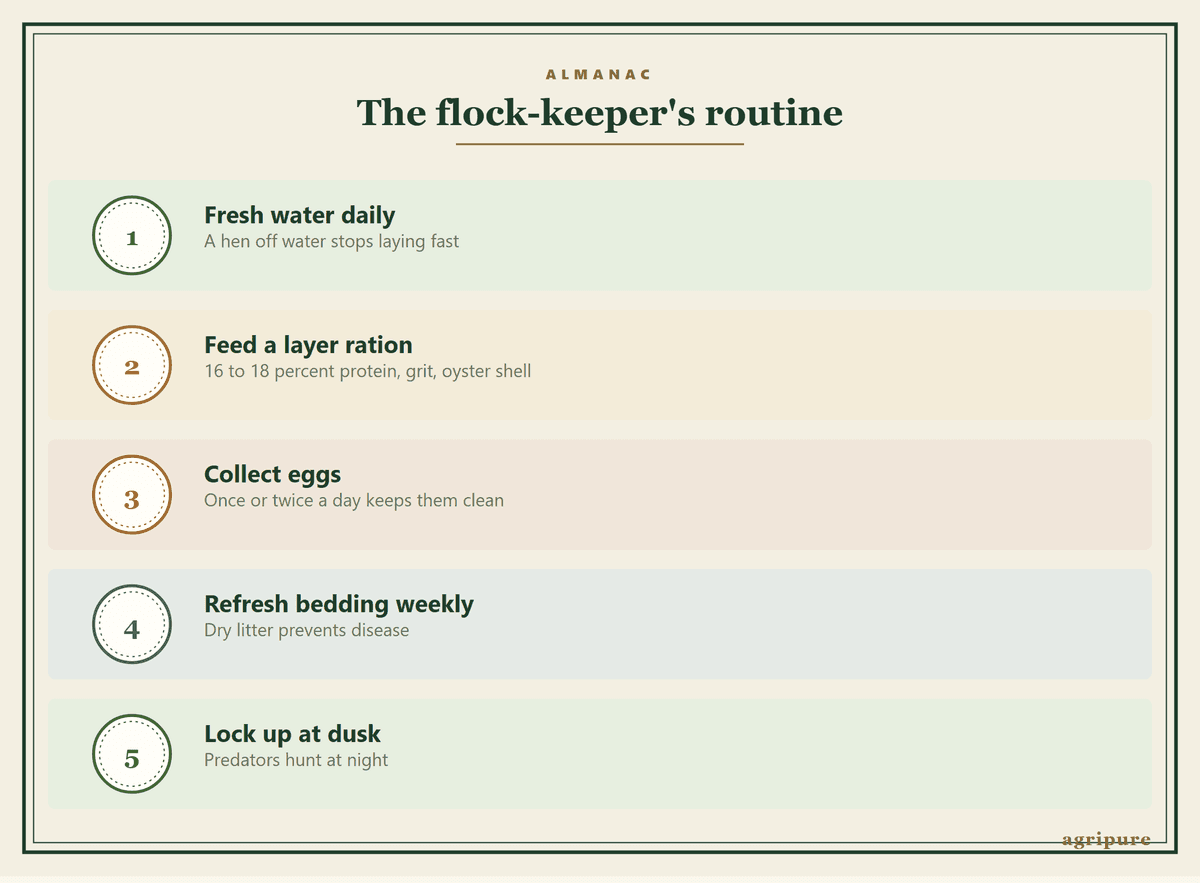 Five daily and weekly chicken chores: fresh water daily, layer feed with grit and oyster shell, collect eggs, refresh bedding, and lock up at dusk