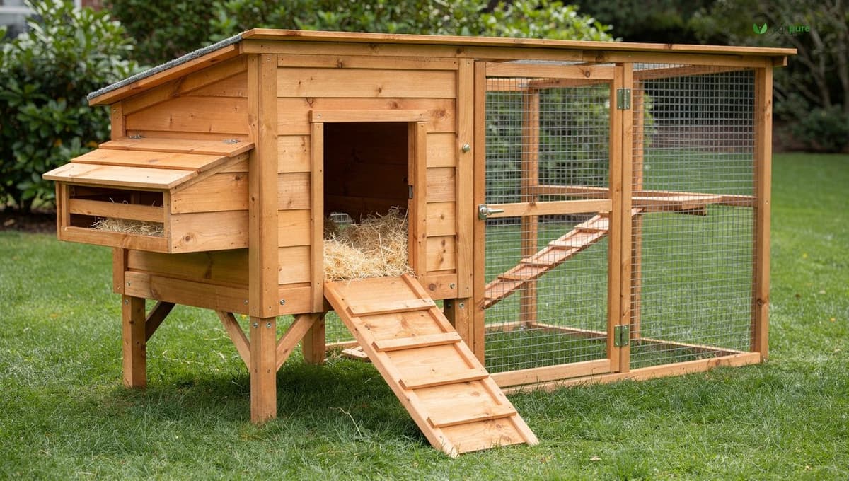 A tidy raised wooden chicken coop with an attached wire run and external nesting boxes in a green backyard