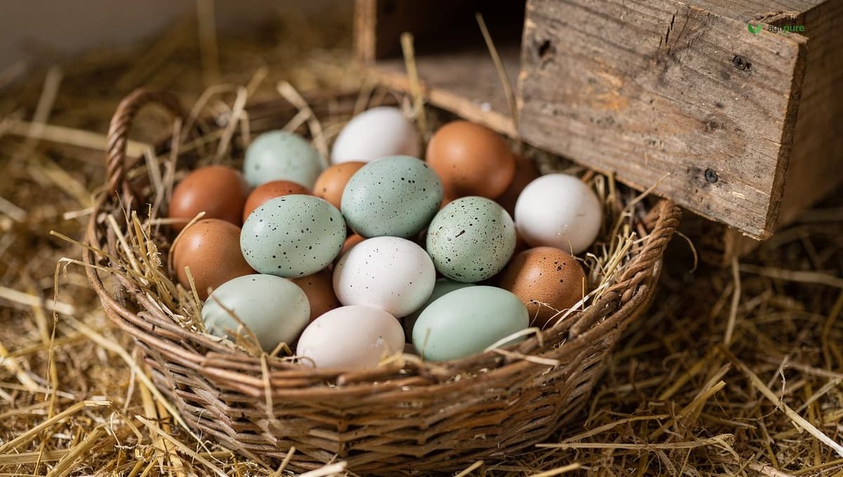 A basket of fresh brown, white, and blue-green eggs resting on straw beside an open nesting box