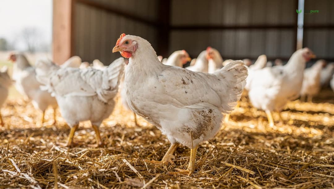Broad-breasted white Cornish Cross broiler chickens at about six weeks old on clean straw bedding inside an airy barn, no people