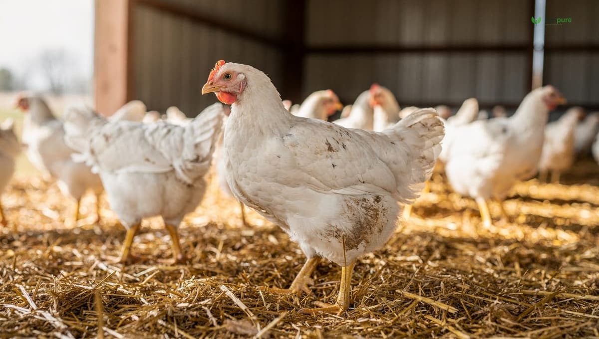 Broad-breasted white Cornish Cross broiler chickens at about six weeks old on clean straw bedding inside an airy barn, no people
