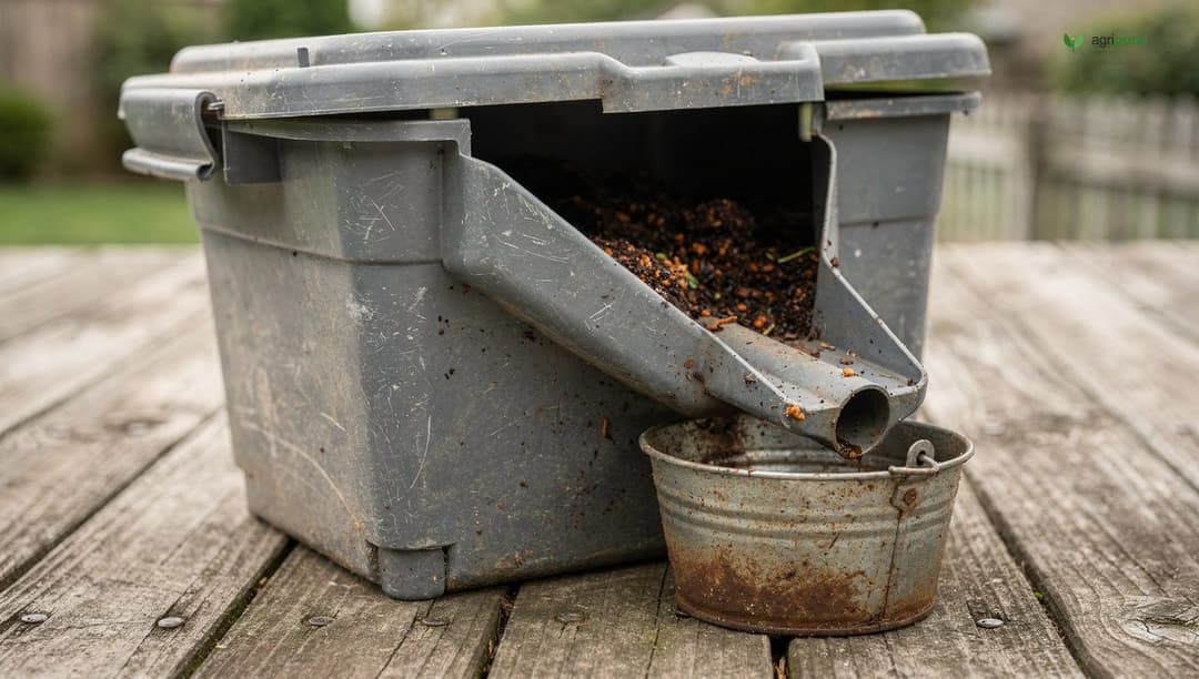 A homemade black soldier fly bin built from a plastic tote with an angled internal ramp rising from the scrap chamber to a drainage spout emptying into a catch bucket