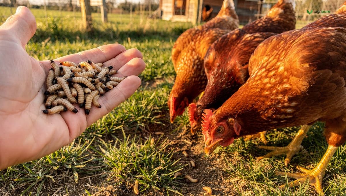 A handful of harvested dried black soldier fly larvae being offered to brown laying hens pecking eagerly at the ground