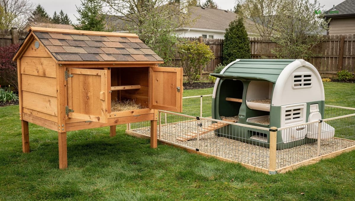 A wood-framed chicken coop raised on legs beside a molded plastic coop, showing the contrast in materials, with nesting box doors and a roost visible, no people
