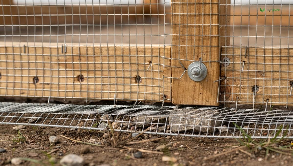 A chicken run wall covered in half-inch galvanized hardware-cloth mesh stapled to a wooden frame, with a buried mesh apron skirting out along the ground, no people